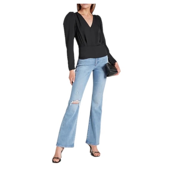 Express Womens Puff Sleeve V-neck Ruffle Shoulder Long Sleeve Top Black Size L - Picture 2 of 11